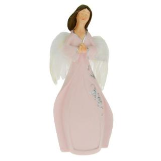 Anděl v růžových šatech s křídly z peří 16 cm (Figurka růžového anděla)