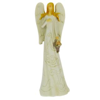 Anděl v šatech s ornamenty a košíkem květů 16 cm (Figurka stojícího béžového andílka)