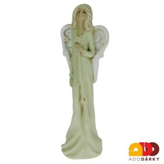 Anděl v zelených šatech s rukou na srdci 30 cm (Soška sádrového anděla stojící)