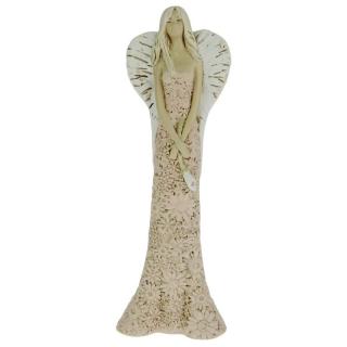 Anděl ve starorůžových květovaných šatech s kytkou 34,5 cm (Socha anděla s kytkou)