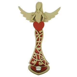 Anděl ve zdobených šatech se svícnem červený 40 cm (Figurka dřevěného anděla na svíčku)