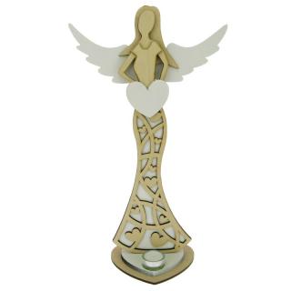Anděl ve zdobených šatech se svícnem přírodní 40 cm (Figurka dřevěného anděla na svíčku)