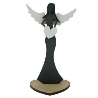 Anděl ze dřeva černý se srdcem 16,5 cm (Figurka dřevěného anděla)