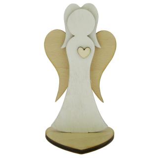 Anděl ze dřeva se srdíčkem bílý 15,5 cm (Figurka dřevěného anděla se srdcem)