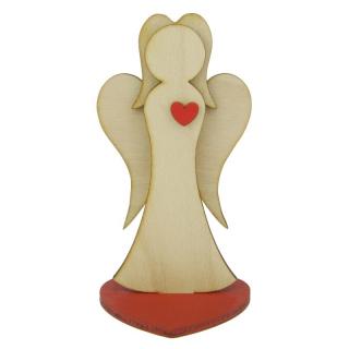 Anděl ze dřeva se srdíčkem červený 15,5 cm (Figurka dřevěného anděla se srdcem)