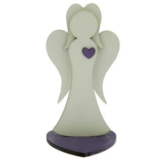Anděl ze dřeva se srdíčkem fialový 15,5 cm (Figurka dřevěného anděla se srdcem)