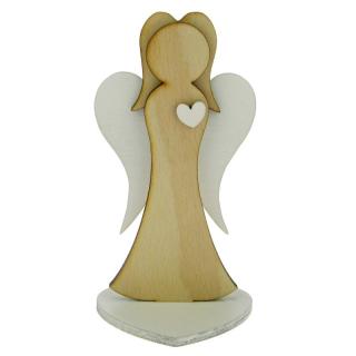 Anděl ze dřeva se srdíčkem přírodní 15,5 cm (Figurka dřevěného anděla se srdcem)