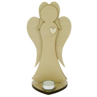 Anděl ze dřeva se srdíčkem přírodní 30,5 cm (Figurka dřevěného anděla se srdcem)
