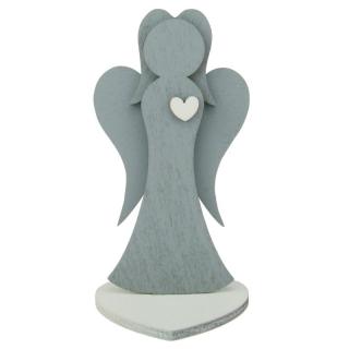Anděl ze dřeva se srdíčkem šedý 15,5 cm (Figurka dřevěného anděla se srdcem)