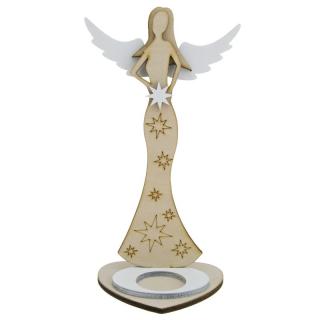 Anděl ze dřeva se svícnem a hvězdou 24,5 cm (Figurka bílého dřevěného anděla na svíčku)