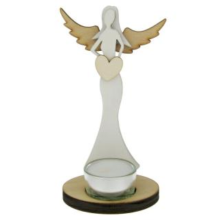 Anděl ze dřeva se svícnem bílý 16,5 cm (Figurka dřevěného anděla na svíčku)