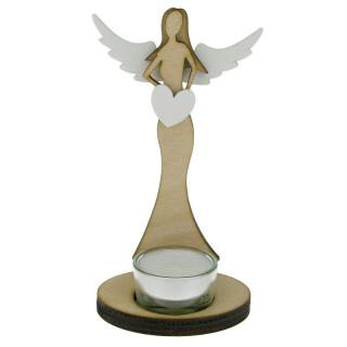 Anděl ze dřeva se svícnem přírodní 16,5 cm (Figurka dřevěného anděla na svíčku)
