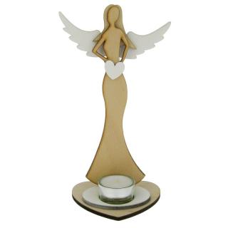 Anděl ze dřeva se svícnem přírodní 24,5 cm (Figurka dřevěného anděla na svíčku)