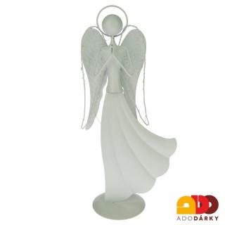 Bílý plechový anděl LED svítící  42 cm (Anděl z plechu stojící)