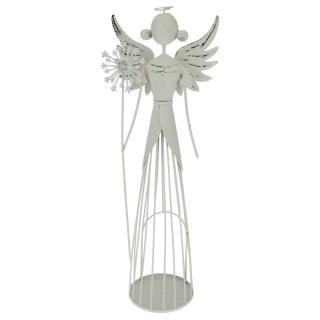 Bílý plechový anděl s pampeliškou 39 cm (Anděl z plechu stinítko)