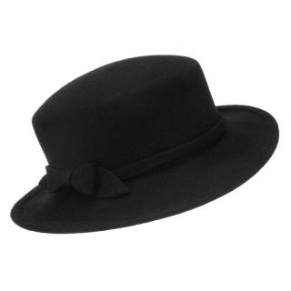 Černý plstěný klobouk s rovnou střechou a mašlí (Dámský klobouk vlněný KDV42)