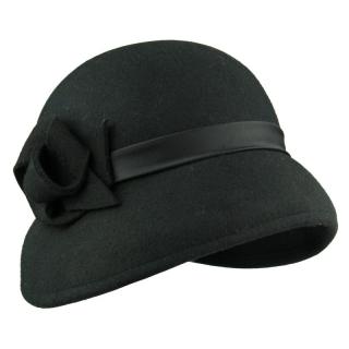 Černý plstěný klobouk se stuhou a ozdobnou mašlí (Dámský klobouk vlněný KDV5)