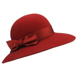 Červený plstěný klobouk s mašlí a stuhou (Dámský klobouk KDV77 s širokou krempou)