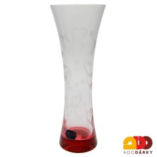 Čirá váza se srdíčky 195 mm (Skleněná váza s červenou podstavou)