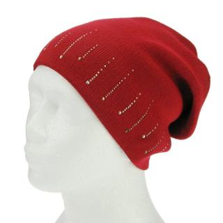 Dámská zimní čepice červená s perličkama (Pletená čepice tenká)
