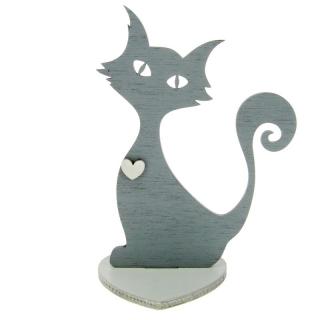 Dřevěná kočka se srdíčkem, šedá 17 cm (Figurka dřevěné kočky)