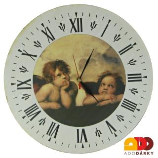 Dřevěné hodiny Dva andělé  Ø 32 cm (Nástěnné hodiny ze dřeva s obrázkem andělů)