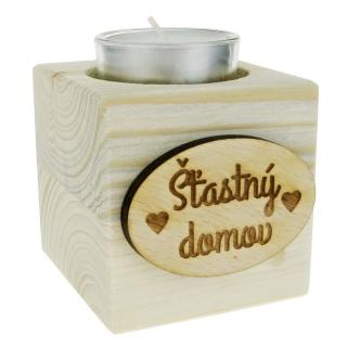 Dřevěný svícen kostka s nápisem "Šťastný domov" 7 cm (Svícen ze dřeva na čajovou svíčku)