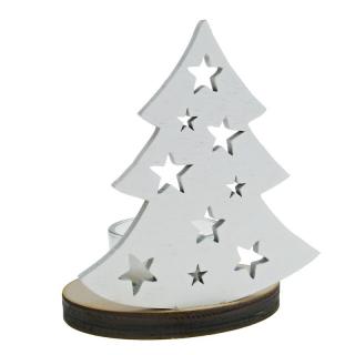 Dřevěný svícen stromek bílý s hvězdičkama 10,5 cm (Svícen ze dřeva vánoční stromeček)