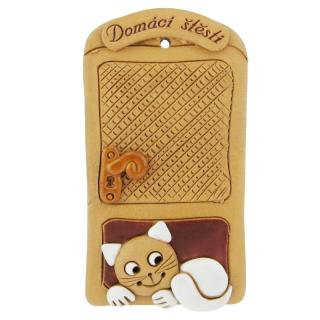 Dveře s kočkou na rohožce "Domácí štěstí" 14,5 cm (Keramická dekorace na zeď s kočkou)