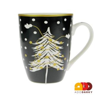 Hrnek černý s vánočním stromkem 300 ml  (Porcelánový hrnek s vánočním potiskem)