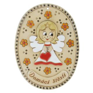Keramická placka s andělem "Domácí štěstí" 21 cm (Keramická kachle ovál s andílkem a nápisem)