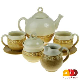 Keramická přátelská souprava s ornamenty hnědá (Souprava z keramiky na čaj nebo kávu)