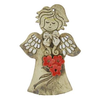 Keramický anděl na zeď s červenou kyticí 16,5 cm (Andílek z keramiky režný)