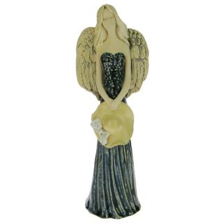 Keramický anděl s kloboukem glazovaný 34 cm (Socha anděla v modrozelených šatech)