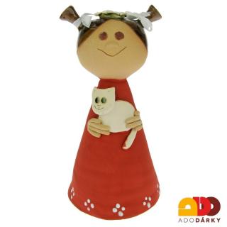 Keramický zvonek panenka s kočkou červená 21 cm (Keramický zvonek panenka s culíky)