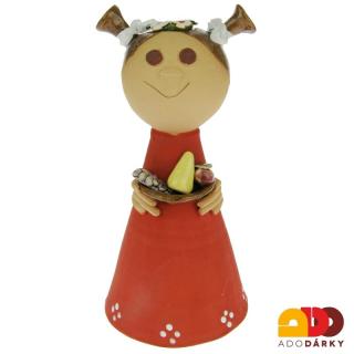 Keramický zvonek panenka s ovocem červená 21 cm (Keramický zvonek panenka s culíky)