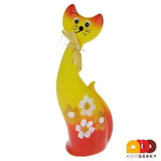Kočka keramická červenožlutá s květy 25 cm (Keramická figurka kočky prohlá)