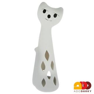 Kočka keramická na svíčku 32 cm (Keramická figurka kočky šedobílá)