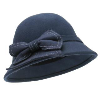 Modrý plstěný klobouk s velkou mašlí (Dámský klobouk vlněný)