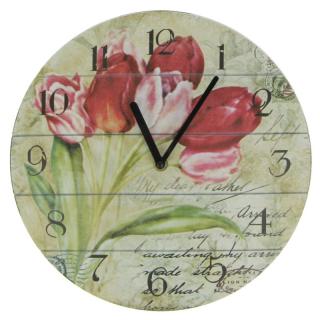 Nástěnné hodiny tulipány Ø 28 cm (Dřevěné hodiny s kyticí květů)