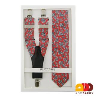 Pánské šle s kravatou červené s barevným vzorem (Pánské šle ve tvaru Y s kravatou)