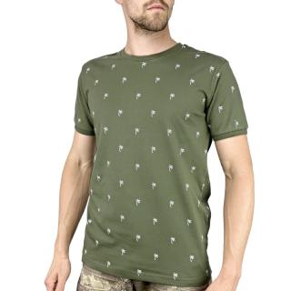 Pánské triko krátký rukáv khaki s palmami (Zelené pánské tričko s krátkým rukávem)