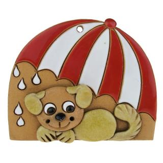 Pes pod červeným deštníkem 11 cm (Keramická dekorace na zeď pejsek s deštníkem)