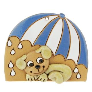 Pes pod modrým deštníkem 11 cm (Keramická dekorace na zeď pejsek s deštníkem)