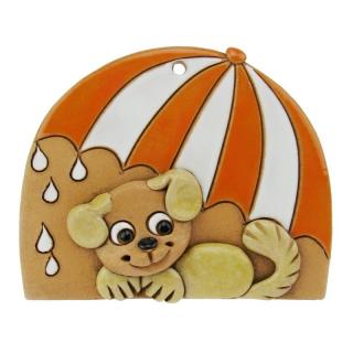 Pes pod oranžovým deštníkem 11 cm (Keramická dekorace na zeď pejsek s deštníkem)