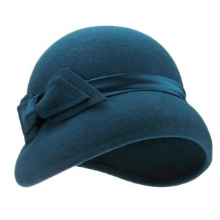 Petrolejový plstěný klobouk se stuhou a ozdobnou mašlí (Dámský klobouk vlněný KDV5)
