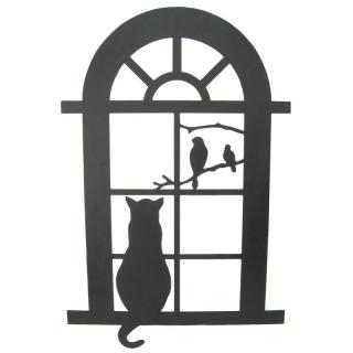 Plechová nástěnná dekorace okno s kočkou 66 cm (Svítící plechová dekorace na zeď)
