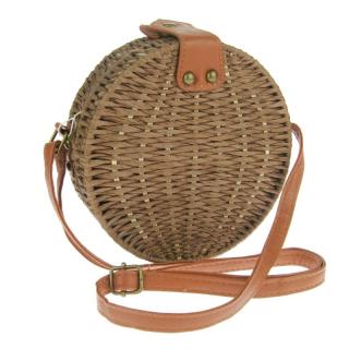 Pletená kulatá kabelka 19 cm (Hnědá pletená taška s páskem)