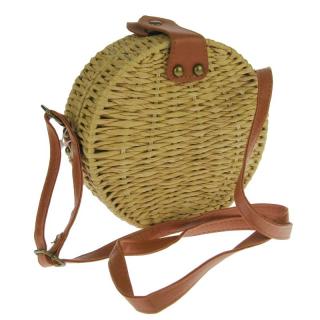 Pletená kulatá kabelka světle hnědá 19 cm (Hnědá pletená taška s páskem)