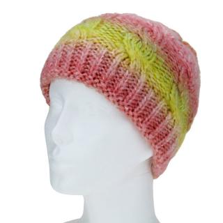 Pletená zimní čepice růžovo žlutá melírovaná (Dámská čepice na zimu vzorovaná)